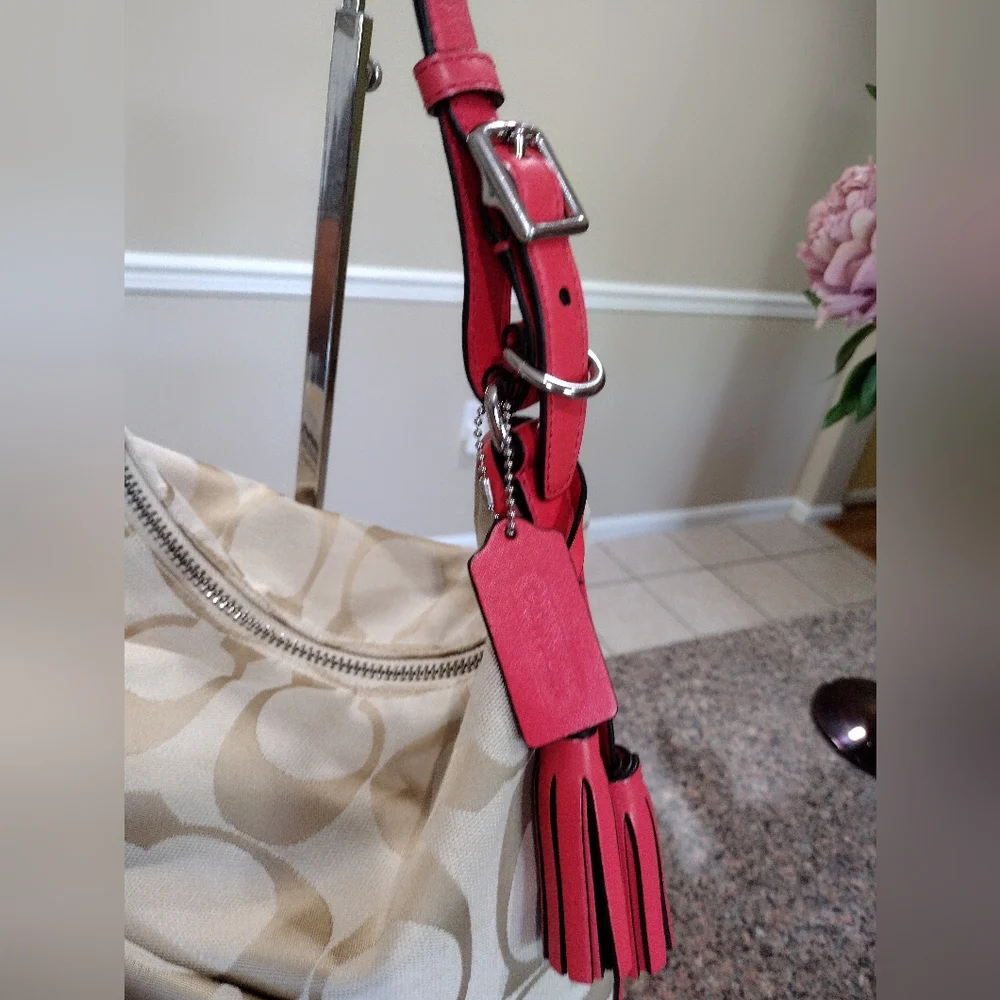 Coach Legacy Signature Courtney Hobo Bag Khaki and Coral Style #22392
